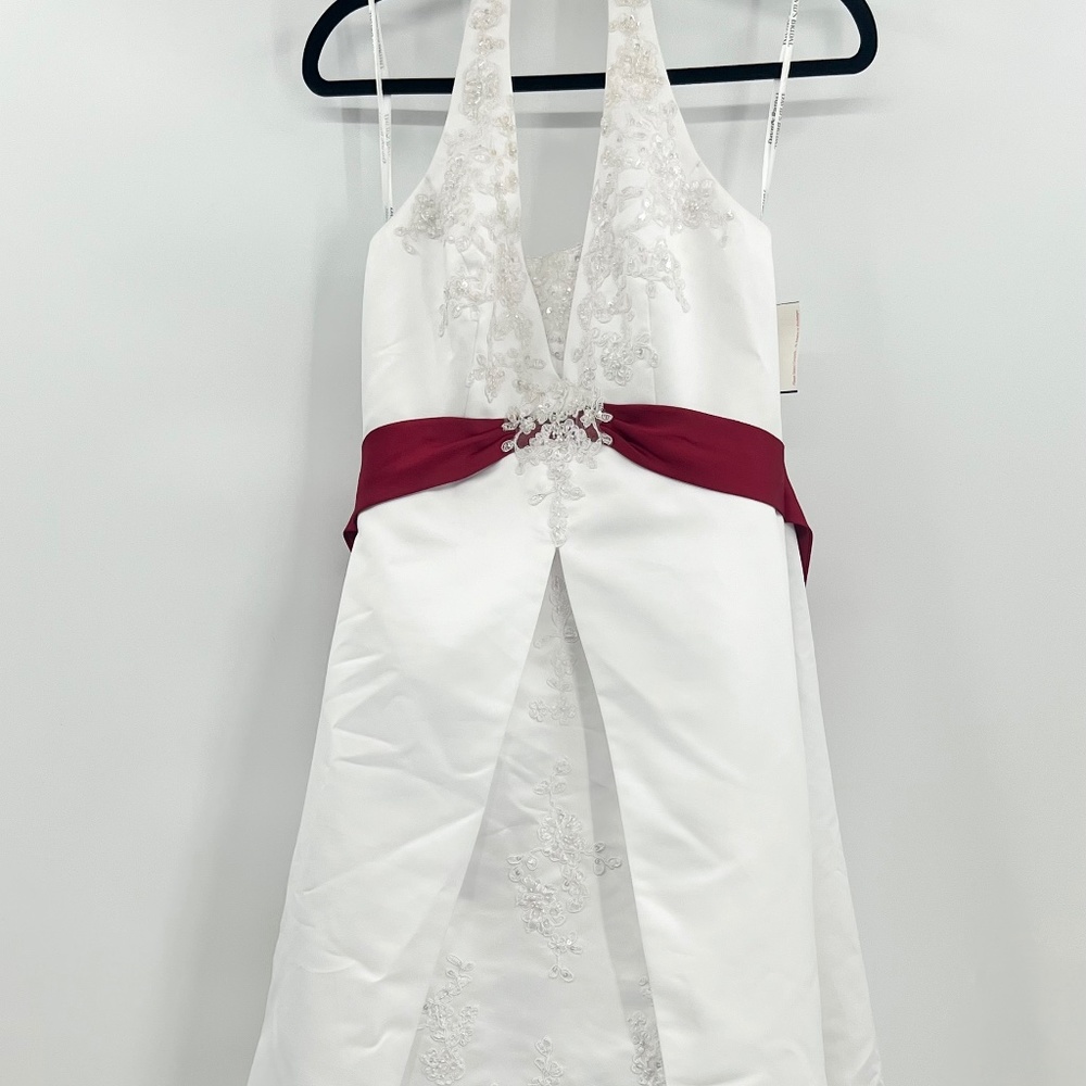 Halter Wedding Dress with Red Sash—AND 3 matching bridesmaid dresses!
